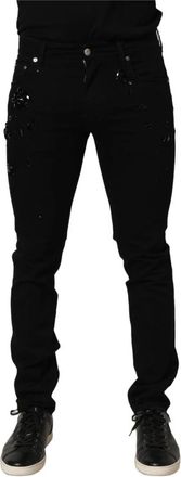Dolce & Gabbana Embellished Cotton Skinny Jeans - Heren - Slim Fit Jeans - Zwart - M - Katoen - Jeans