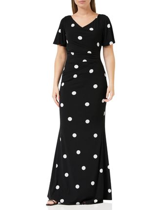 Gina Bacconi Spaced Spot Jersey Maxi Dress with Tucks, Black/White, 12