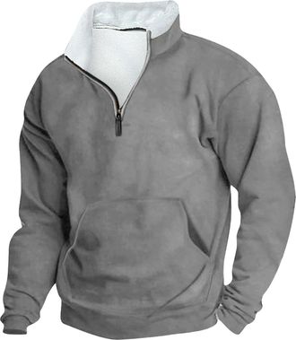Generic Mens Fleece Sweatshirts 1/4 Zip Winter Thermal Lined Long Sleeve Sweatshirt Warm Thick Plain Pullover Tops Casual Workwear, Grey, 5XL