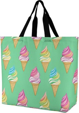 Generic Cute Ice Cream Pattern Reusable Shopping Bags Large Capacity Grocery Bag Heavy Duty Tote for Women 40x40x16cm
