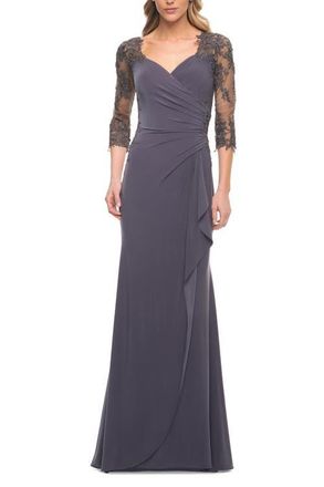 La Femme Lace and Net Jersey Gown with Illusion Sleeves in Gunmetal at Nordstrom, Size 20