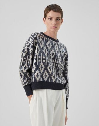 Brunello Cucinelli WomenS Black Stone Wool Silk Jacquard Sweater, Size XS