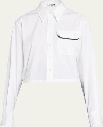 Brunello Cucinelli Monili-Trim Crop Cotton Poplin Collared Shirt