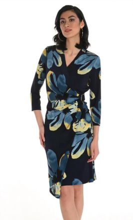 Frank Lyman Design Floral Print Faux Wrap Dress With Buckle In Navy/multi
