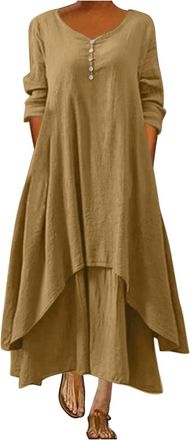 Generic Deals of The Day Women Summer Dress Irregular Solid Long Dress Sleeve Long Women Casual Loose O-Neck Womens Womens Casual Plus Size Clothing for Summe