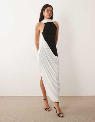 Asos Vestito midi monocromatico con gonna drappeggiata e dettaglio foulard-Multi