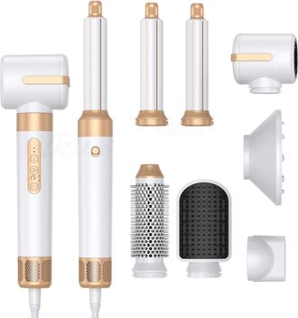 OEM Cepillo De Aire Caliente Con 7 Accesorios, 7 En 1, Secador De Pelo, Cepillo T&eacute;rmico Para Alisar Y Rizar, Edici&oacute;n Blanco/dorado