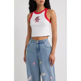 Kulani Kinis Embroidered Contrast Binding Crop Tank in Fastlane Fling at Nordstrom, Size X-Small