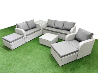 Fimous Patio PE Wicker 8 Seater Outdoor Rattan Furniture Sofa Sets w/ Square Coffee Table Reclining Chair Loveseat Sofa 3 Seater Sofa 2 Big