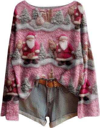 Generic Funny Christmas Jumper for Women, Long Sleeve Loose Fit Boat Neck Sweater Pullover, Festive Knitted Jumper with Multiple Designs for Holiday & Casual 