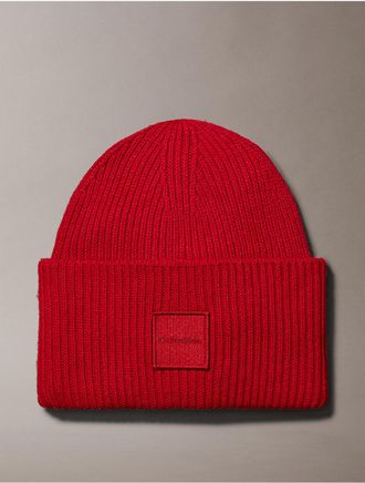 Calvin Klein Womens Ribbed Monogram Logo Badge Beanie - Red