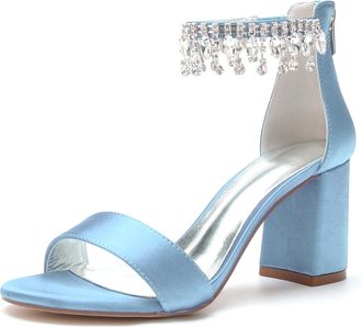 Generic Wedding Shoes Bridal Block Heel Wedding Sandals Satin Prom Party Dress Pumps Open Toe Bridal Shoes Wedding Heels 8Cm,Sky Blue,10 UK