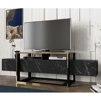 Vente-Unique Mueble De Tv Negro Y Dorado, Dise&ntilde;o Elegante Con Amplio Espacio De Almacenamiento, 160 X 49,8 X 46,1 Cm, Para Sala De Estar U Oficina De Lujo
