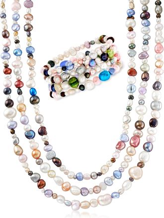 Ross-Simons 4-8mm Multicolored Cultured Pearl Jewelry Set: 4 Bracelets and Necklace