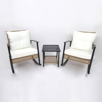 Mobili Rebecca Sillas Mecedoras Con Mesa Rebecca Mobili Niangon 88x66,5x90 Acero Polirrat&aacute;n Marr&oacute;n Negro Conjunto 3