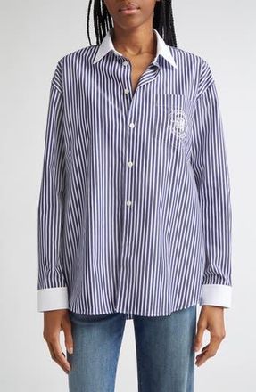 Sporty & Rich Bristol 100th Crest Stripe Button-Up Shirt in Navy/White at Nordstrom Rack, Size Medium