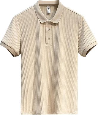 Generic Mens Polo Shirts Short Sleeve Knitted Ribbed Golf Shirt Button T-Shirts Business Tops Summer Casual Solid Color Tees Playeras Negras para Hombre(Beige