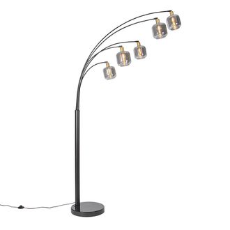 QAZQA Moderno L&aacute;mpara De Pie Negra Con Dorado Y Cristal Ahumado 5 Luces - Zuzanna Vidrio /acero Alargada Adecuado Para Led Max. 5 X 25 Watt - Qazqa