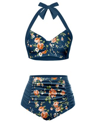 Holipick Women High Waisted Bikini Set Two Piece Swimsuit Tummy Control Bathing Suit Vintage Halter Swimwear, Teal and Floral, XL