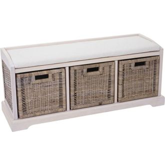 Hhg Panca cassettiera contenitore 3 ceste multiuso con cuscino legno 37x112x46cm bianco