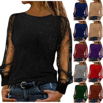 Generic Womens Tops Fashion Elegant Sequin Sparkle Mesh Sleeve Blouse Womens Clothing Sweatshirts Crew Neck Lightweight Long Sleeve Tops Women Casual Loose Pa