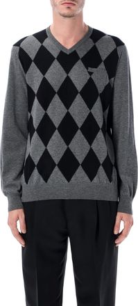 Ferragamo Grey Virgin Wool Argyle V-neck Sweater