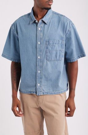 Vans Cyrus Loose Fit Short Sleeve Denim Button-Up Shirt in Stonewash Blue at Nordstrom, Size Xx-Large