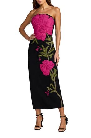 Mac Duggal Strapless Floral Embroidered Midi Dress in Black Multi at Nordstrom, Size 10