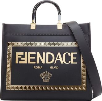 Fendi Fendi Black Leather X Versace Fendace Sunshine Logo Print Shopper Tote (Authentic Pre-Loved)