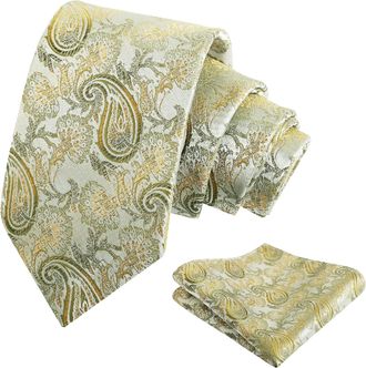 Alizeal Mens Paisley Tie and Hanky Set Party Business Wedding Necktie with Pocket Sqaure Set, Sage Green+Yellow