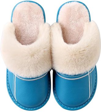 Generic Womens Leather Plush Slippers for Autumn and Winter, Waterproof Home Shoes,Blue,4.5 UK