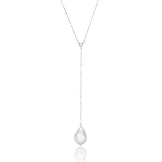 Lily & Roo Silver Single Diamond Style Baroque Pearl Lariat Necklace