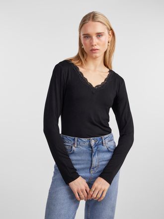 Pieces V-Shirt PIECES PCBARBERA LS LACE TOP NOOS BC, Damen, Gr. XXL, schwarz, Single Jersey, Obermaterial: 95% Viskose, 5% Elasthan, unifarben, figurbetont h