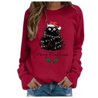 Generic Christmas Jumpers for Women Christmas Cat Sweatshirts Black Cat Xmas Lights Shirt Crewneck Holiday Pullover Sweater Long Sleeve Pullover Blouse Crew N