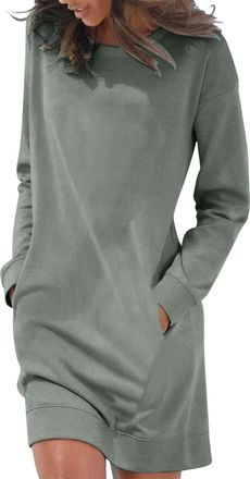 Generic Womens Long-Sleeved Above-The-Knee Crew Neck Dual Side Pockets Dress Women top