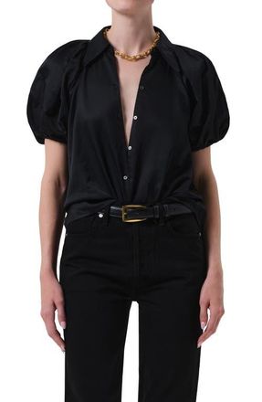 Citizens Of Humanity Leila Puff Sleeve Cotton & Silk Button-Up Shirt in Black at Nordstrom, Size Small