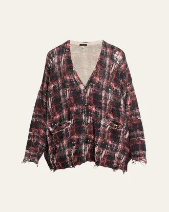 R13 Distressed Oversized Plaid Boyfriend Cardigan