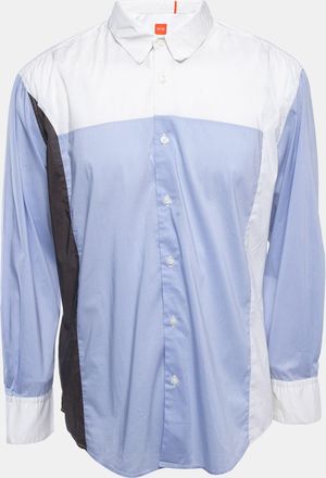 HUGO BOSS Boss Orange By Hugo Boss White/blue Cotton Blend Button Front Full Sleeve Shirt