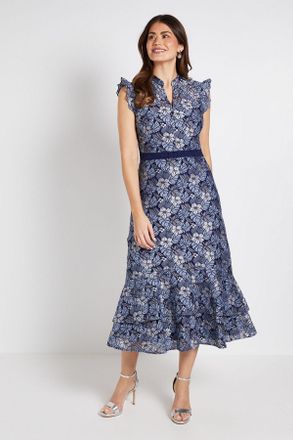 Wallis Womens Lace Ruffle Sleeve Midi Dress - Navy Polyamide - Size 14 UK