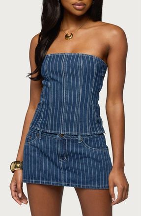 Edikted Camelia Strapless Denim Corset Top in Blue-And-White at Nordstrom, Size X-Small