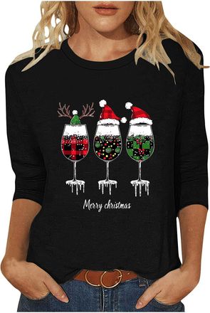 Generic 2025 Christmas Shirts for Women UK Funny Red Wine Glass Graphic Xmas Jumpers Cute Snowflake Print Ladies Tshirts Cotton 3/4 Length Sleeve Womens Tunic