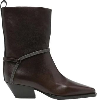 Brunello Cucinelli Cowboy & Biker Boots, female, Brown, 4 1/2 UK, Brown Leather Ankle Boots with Block Heel