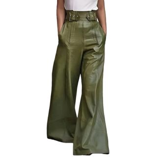 Generic Womens Faux Leather Pants, High Waist Pleated Wide Leg Flare Pants with Pockets Stylish Trousers for Going Out Party (Military Green,XXL)