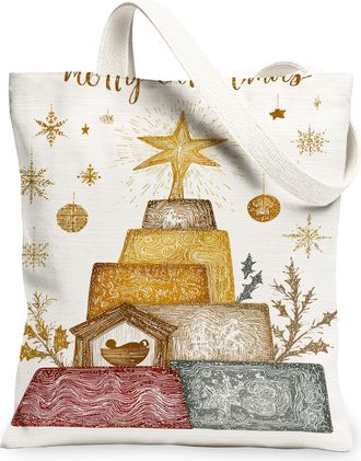 Generic Christmas Vintage Rustic Canvas Tote Bags, Holiday Decor Pattern Reusable Grocery Bags, Lightweight Washable Shoulder Strap, White, 13x15 Inch