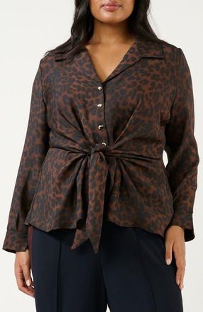 Estelle Leona Leopard Print Tie Front Button-Up Top in Chocolate/navy at Nordstrom, Size 16W