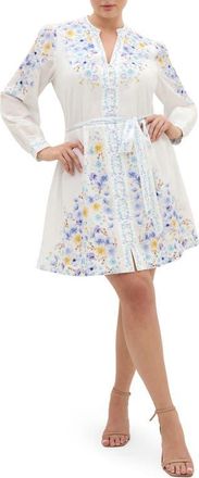 City Chic Elia Placed Floral Long Sleeve Cotton Dress in Blue Patrice Bdr at Nordstrom, Size Xxxs