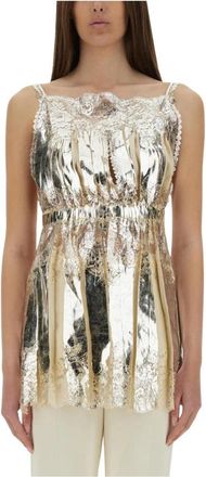 Paco Rabanne Metallic Crushed Camisole Top met kanten rand - Dames - Blouses - Beige - XS - Overhemden