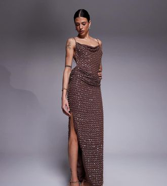 Asos Tall ASOS DESIGN Tall - Vestito drappeggiato color cioccolato decorato con scollo ad anello, gonna al polpaccio e fascetta con catenine-Marrone