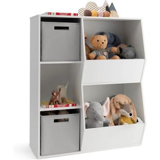 Costway Estantería Infantil para Juguetes de 5 Cubículos con 2 Cubos de Tela, Estanterias Almacenaje de Juguetes de Madera para Habitación de Niños