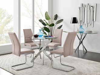 Furniturebox Novara Clear Tempered Glass 100cm Round Dining Table with Chrome Starburst Legs & 4 Lorenzo Faux Leather Chairs in Beige